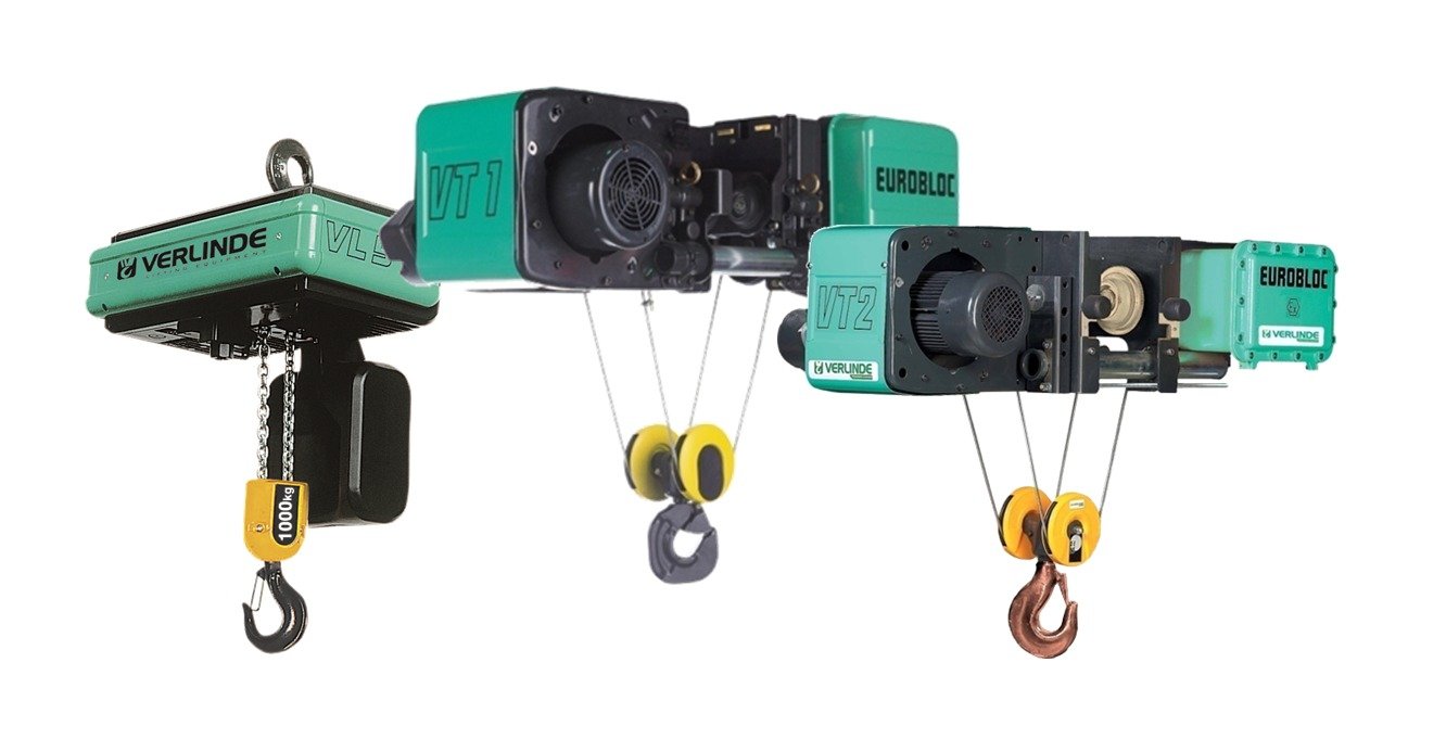 Three Verlinde industrial hoists in green and black: chain hoist and two wire rope hoists (for normal and explosion proof environment)