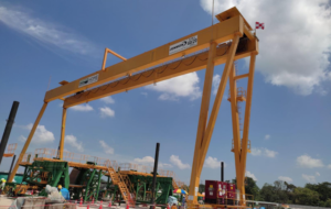 A huge crane in an outdoor workplace