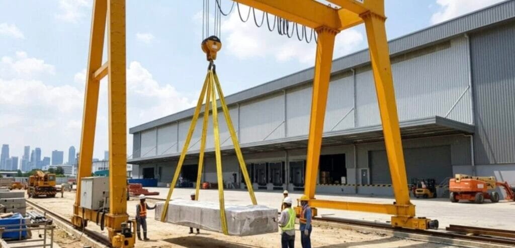 People in the construction site using a gantry with a webbing sling