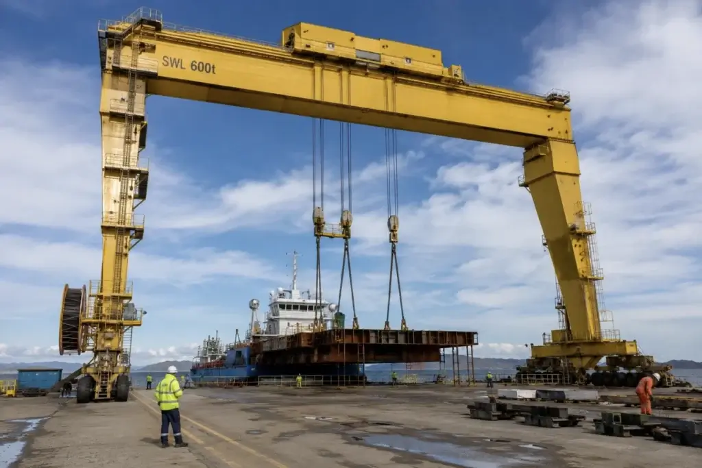 A big gantry outdoors for lifting heavy items at a coastal site