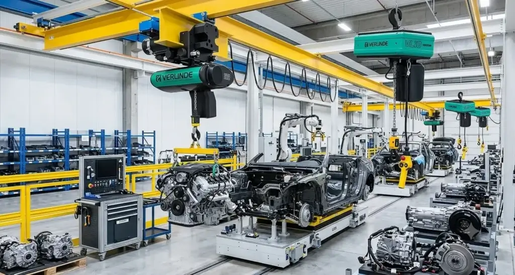 An automotive facility that uses electric chain hoists for lifting
