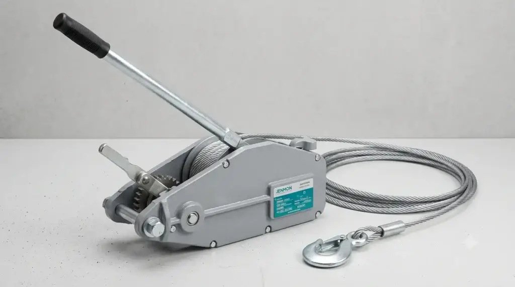 A heavy-duty manual wire rope hand winch with a steel cable and safety hook is displayed on a clean surface against a neutral background