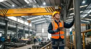 A man in the manufacturing facility inspecting the crane.