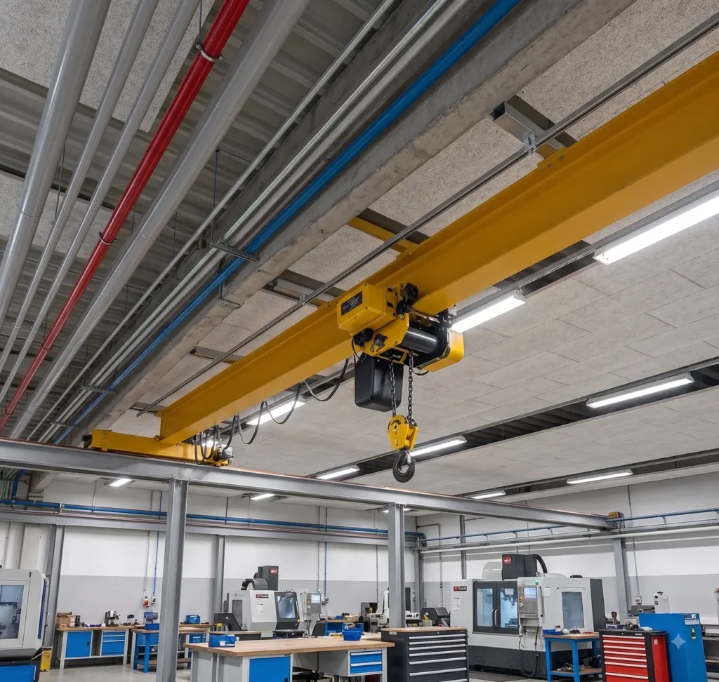 A monorail crane used in a facility with advanced equipment