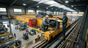An industrial overhead crane undergoing maintenance in a large, bustling factory setting. Two technicians in safety harnesses, hard hats, and work boots stand on the crane's elevated yellow girder platform.