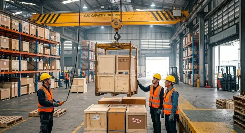 A group of men in the warehousing facility testing a crane's lifting ability.