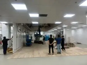 People watching an expert installing and inspecting a crane