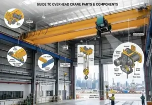 An illustrative diagram titled "GUIDE TO OVERHEAD CRANE PARTS & COMPONENTS" presents a double-girder overhead crane in a factory setting, complete with call-out labels.