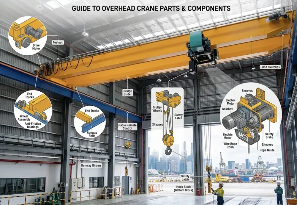 An illustrative diagram titled "GUIDE TO OVERHEAD CRANE PARTS & COMPONENTS" presents a double-girder overhead crane in a factory setting, complete with call-out labels.