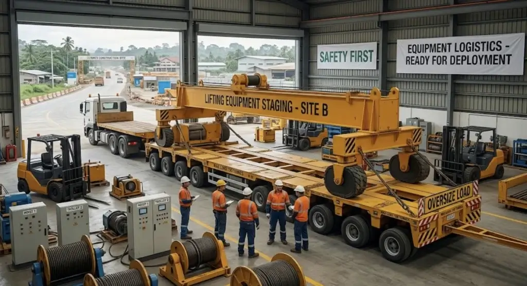 Large yellow mobile crane being loaded onto a heavy-duty trailer inside a logistics staging warehouse, with workers and construction site visible in the background.