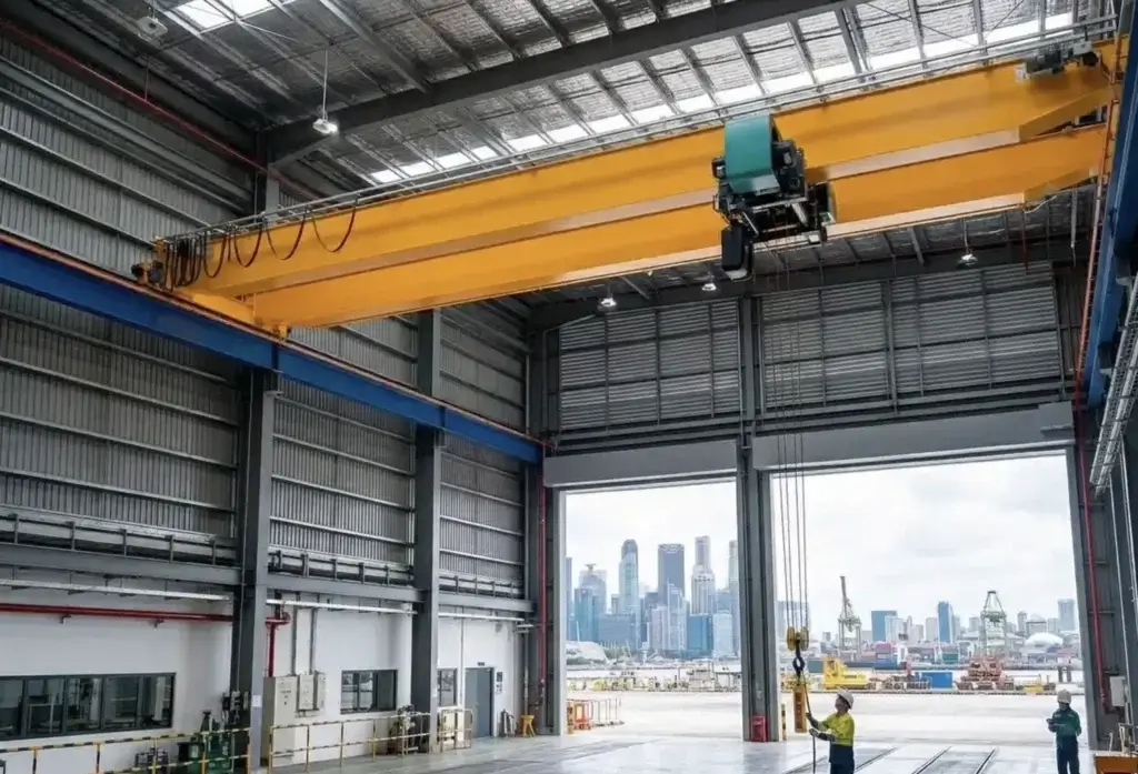 An industrial warehouse interior featuring a yellow Verlinde overhead crane with a EUROBLOC VT hoist mounted on a steel girder.
