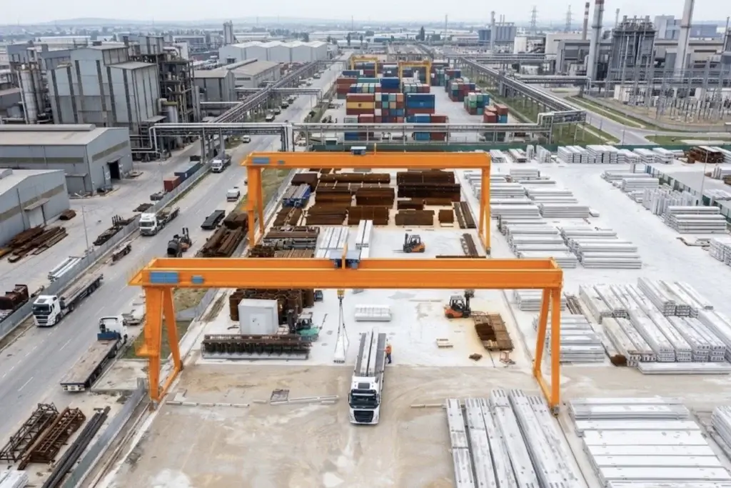 Two large bright orange gantry cranes stand over an active concrete yard filled with stacked construction materials, steel reinforcement bars, and precast concrete beams.