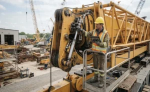 A male heavy-equipment technician in an industrial equipment yard, standing on a service platform next to the yellow hydraulic boom of a large crane.