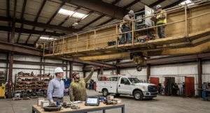 An interior photograph of a bustling, high-ceilinged crane services and maintenance facility.